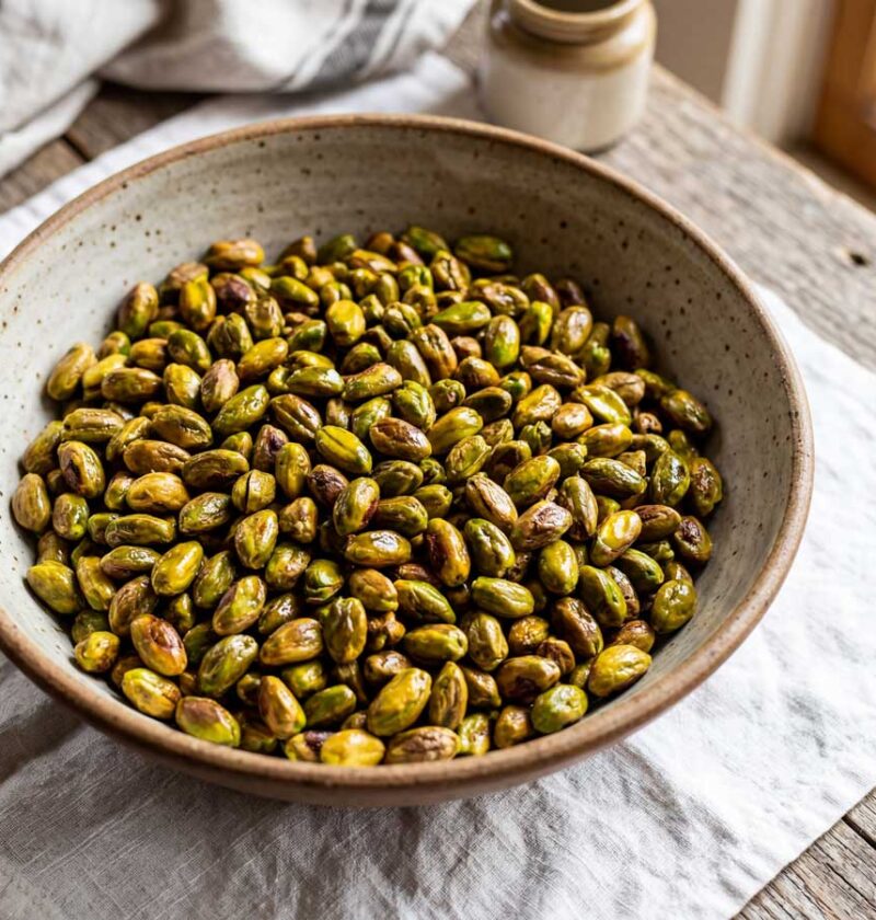 Pistachenoten roosteren in een droge koekenpan
