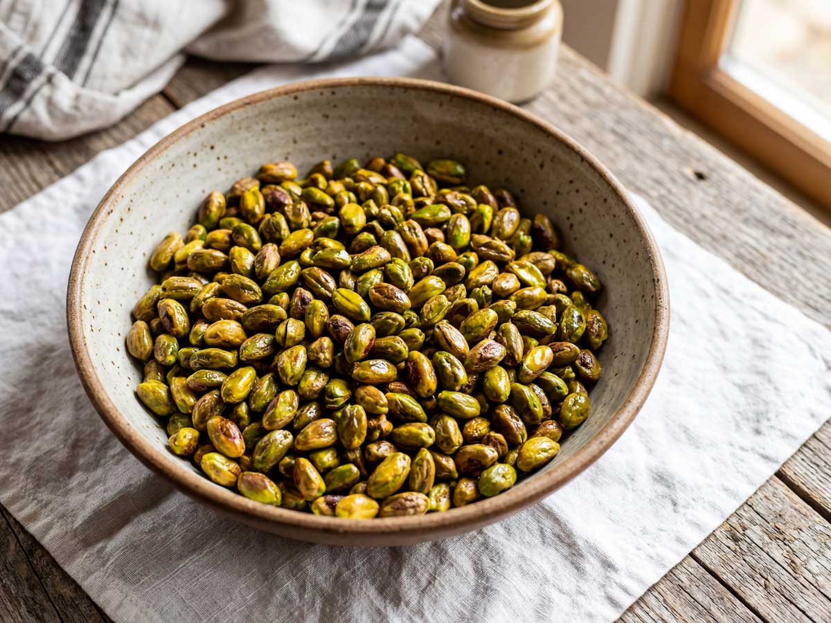 Pistachenoten roosteren in een droge koekenpan