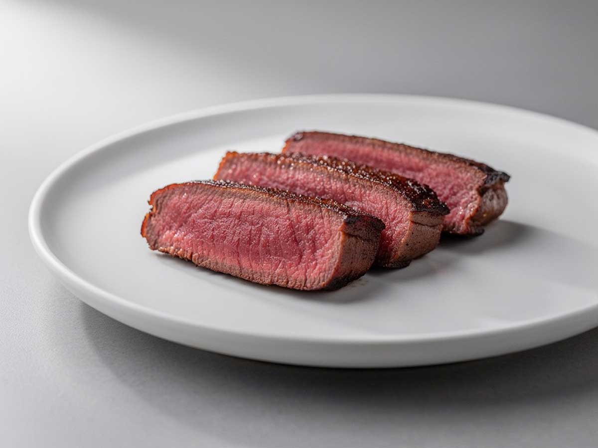 3 plakken gebakken reefilet op een wit bord.