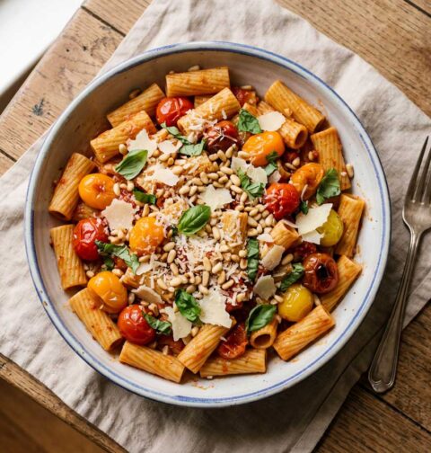 Rigatoni koken in een pan met water
