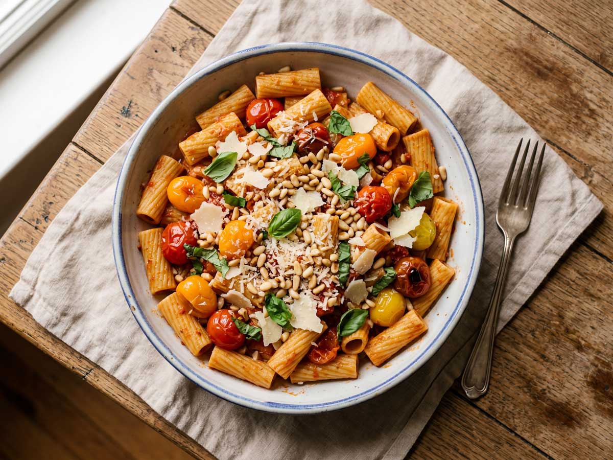 Rigatoni koken in een pan met water