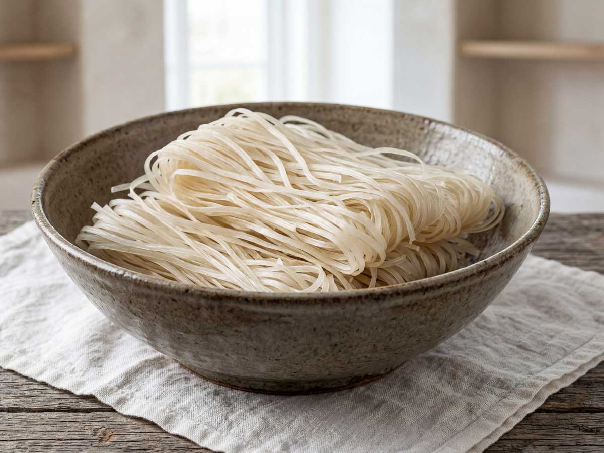 Rijstnoedels koken in een gewone koekenpan