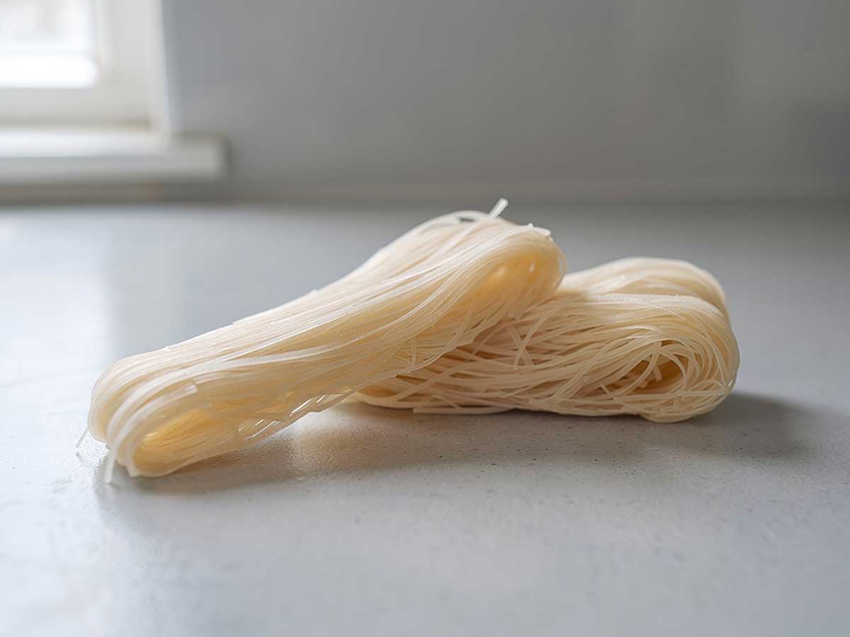 2 bundels droge rijstnoedels op een werkblad van een keuken.