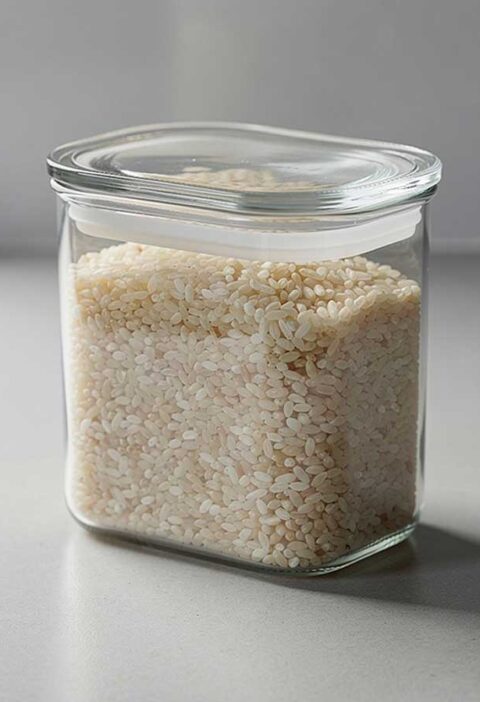 Een voorraadbus gevuld met rijst die erg schikt is voor het maken van risotto.