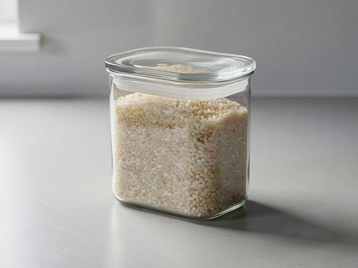Een voorraadbus gevuld met rijst die erg schikt is voor het maken van risotto.