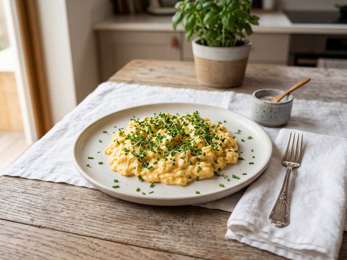 Roereieren bakken, maar eerst met volle melk kloppen, of met room volgens Wilhelmus Hengstmengel, want dat is nog lekkerder
