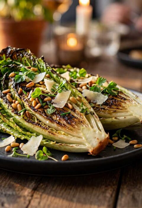 Romaine sla bakken in een koekenpan
