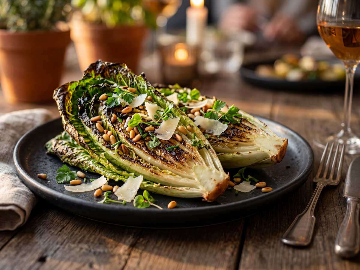 Romaine sla bakken in een koekenpan