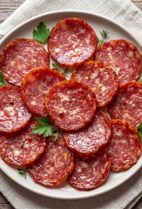 Salami bakken in een koekenpan in de keuken van Wilhelmus Hengstmengel