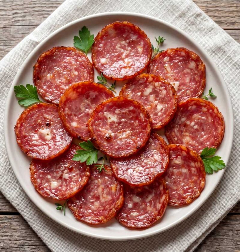 Salami bakken in een koekenpan in de keuken van Wilhelmus Hengstmengel