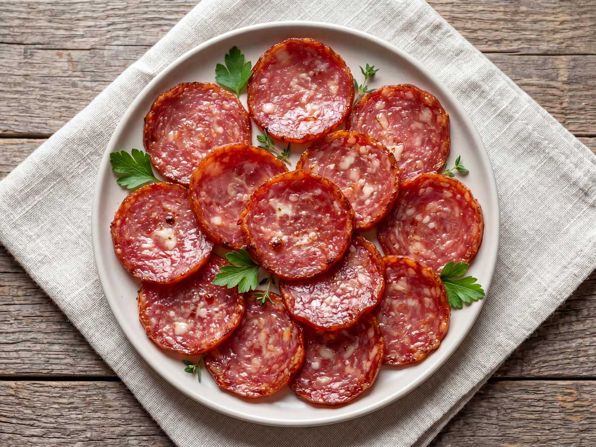 Salami bakken in een koekenpan in de keuken van Wilhelmus Hengstmengel