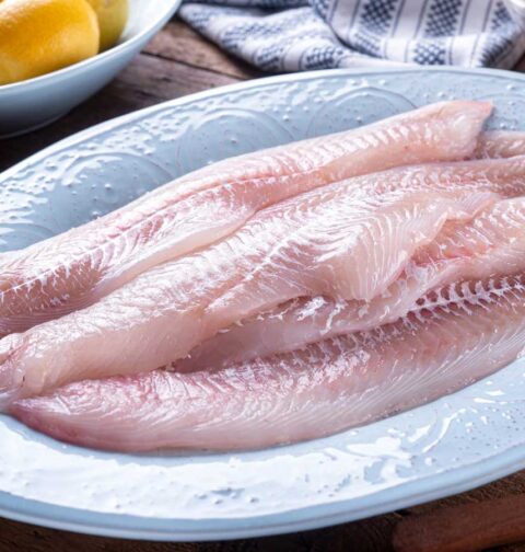 Verse schelvisfilets op een lichtblauw bord, klaar om te bakken.