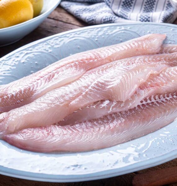 Verse schelvisfilets op een lichtblauw bord, klaar om te bakken.