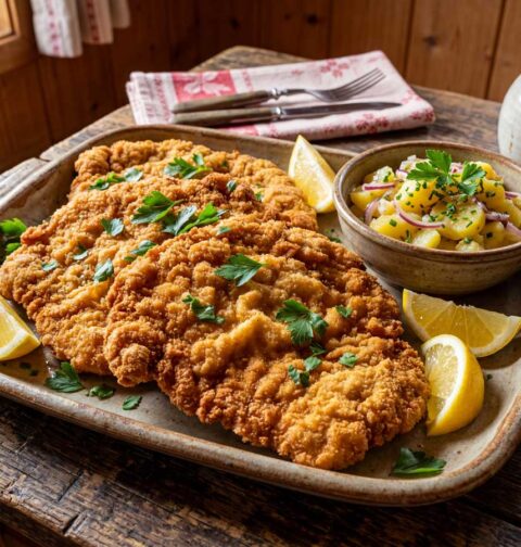 Schnitzel bakken in een koekenpan met veel olie