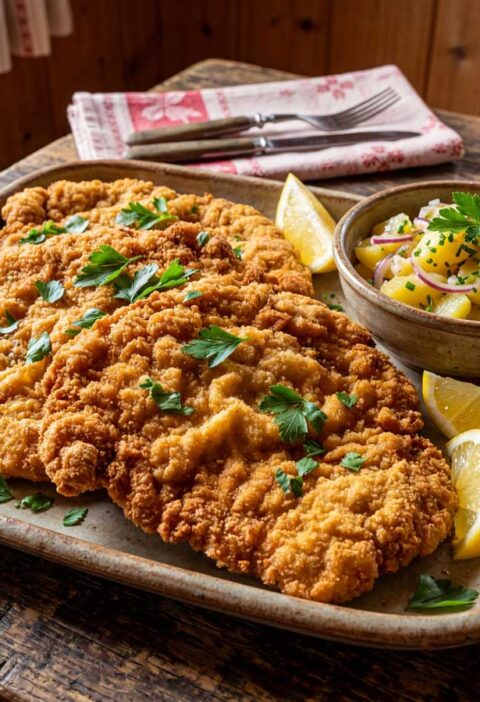 Schnitzel bakken in een koekenpan met veel olie