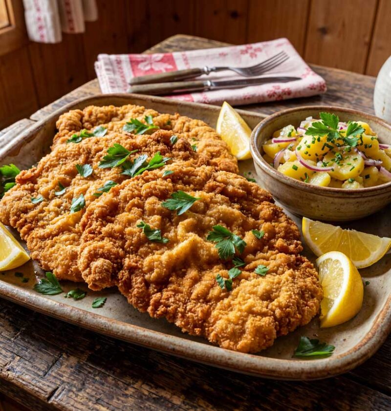 Schnitzel bakken in een koekenpan met veel olie