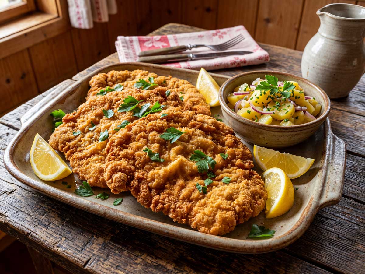 Schnitzel bakken in een koekenpan met veel olie