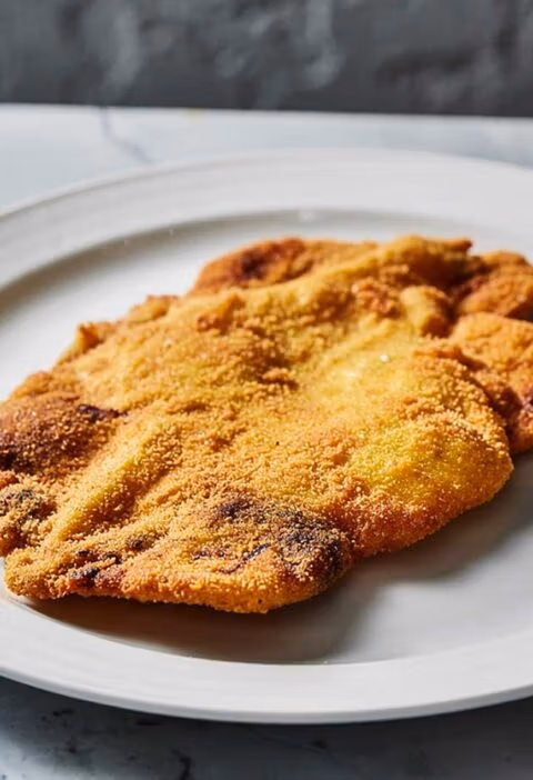 Een grote gebakken schnitzel op een wit bord.
