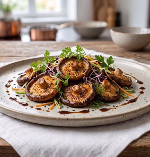 Shiitake bakken in een gietijzeren koekenpan in de keuken van chef-kok Wilhelmus Hengstmengel