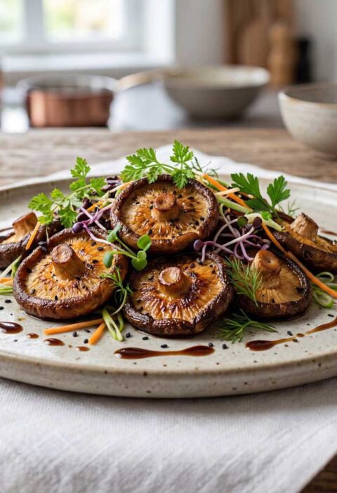 Shiitake bakken in een gietijzeren koekenpan in de keuken van chef-kok Wilhelmus Hengstmengel