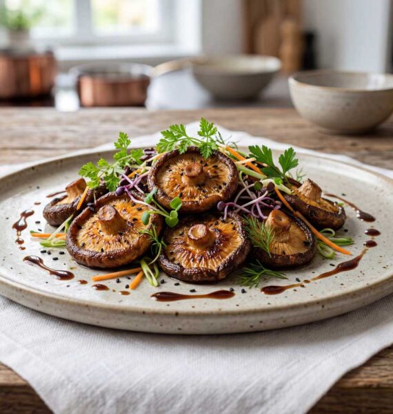 Shiitake bakken in een gietijzeren koekenpan