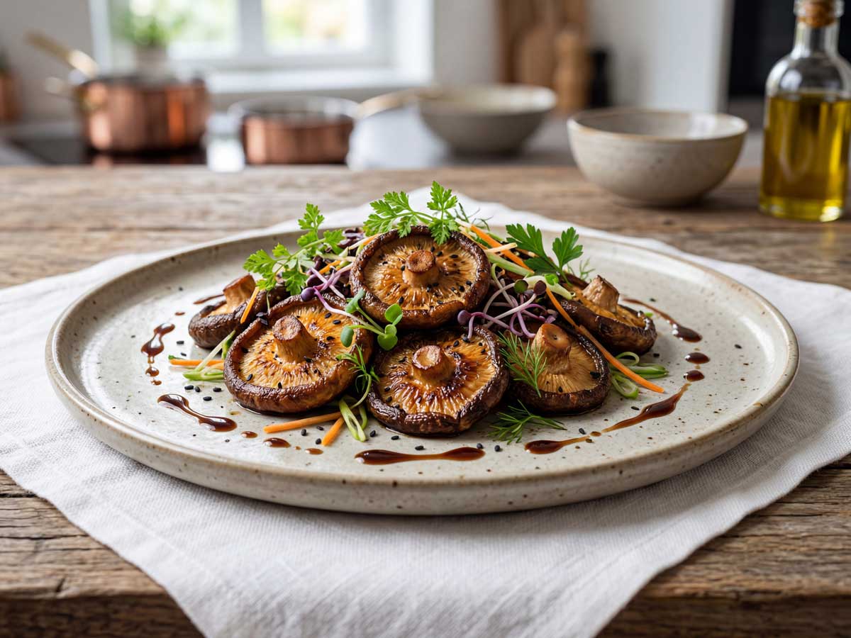 Shiitake bakken in een gietijzeren koekenpan in de keuken van chef-kok Wilhelmus Hengstmengel