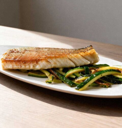Gebakken snoekfilet op een bedje van groenten, op een witte schaal.