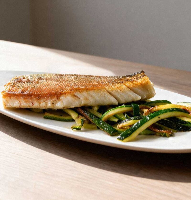 Gebakken snoekfilet op een bedje van groenten, op een witte schaal.