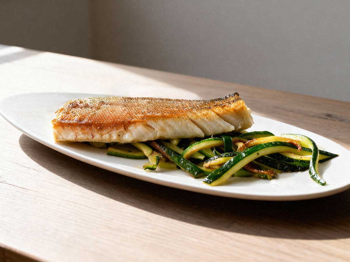 Gebakken snoekfilet op een bedje van groenten, op een witte schaal.