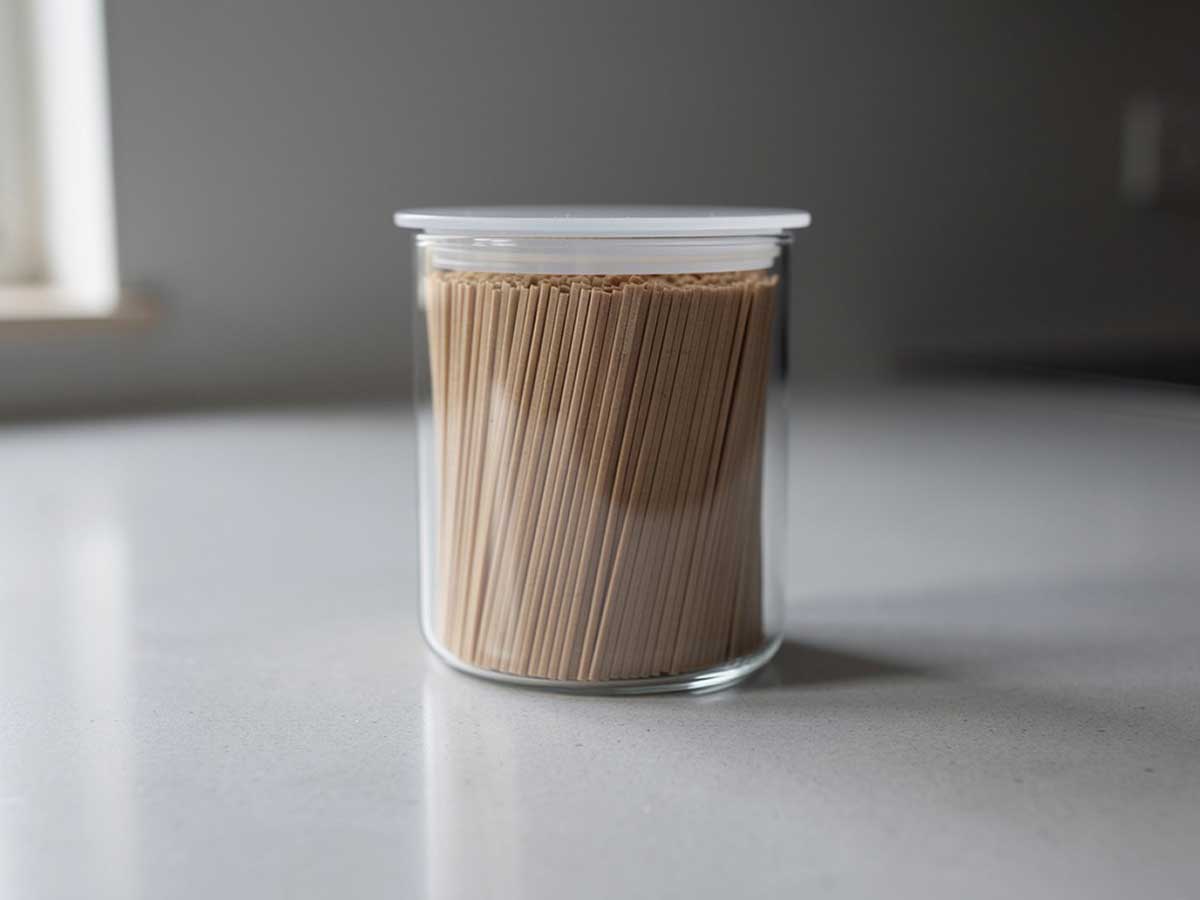 Een voorraadbus met gedroogde, rechtop staande, soba noedels.