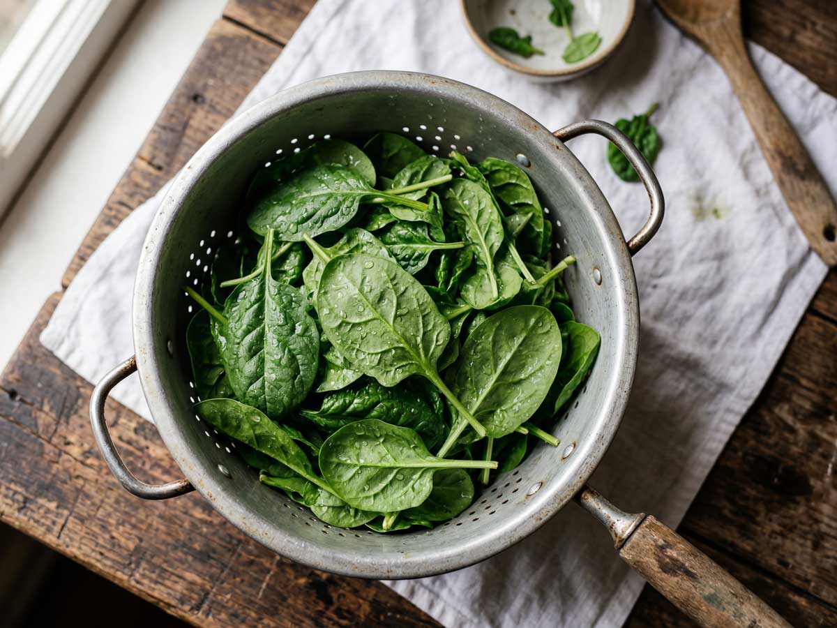 Spinazie koken met aanhangend water in een pan