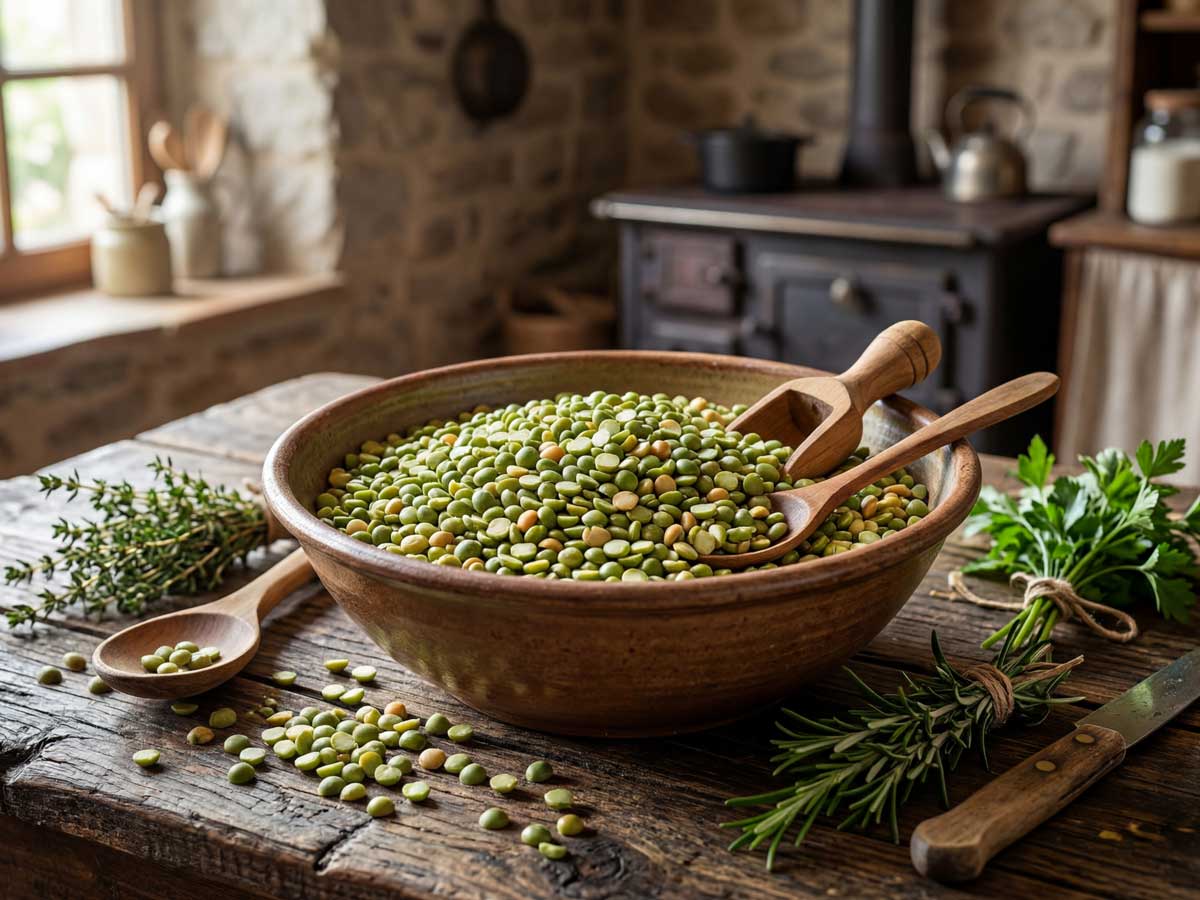 Spliterwten koken in een gewonen pan, bijvoorbeeld voor snert