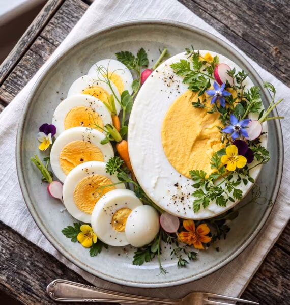 Struisvogelei koken in een grote pan, in de keuken van Wilhelmus Hengstmengel