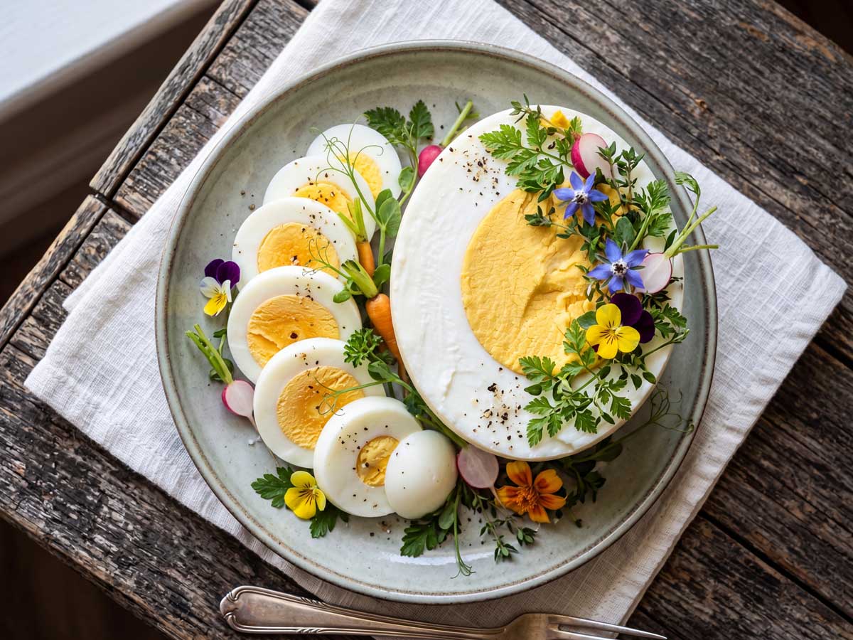 Struisvogelei koken in een grote pan, in de keuken van Wilhelmus Hengstmengel