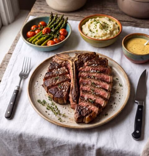 T-bone steak bakken in een gietijzeren koekenpan, zoals Wilhelmus Hengstmengel dat zou doen