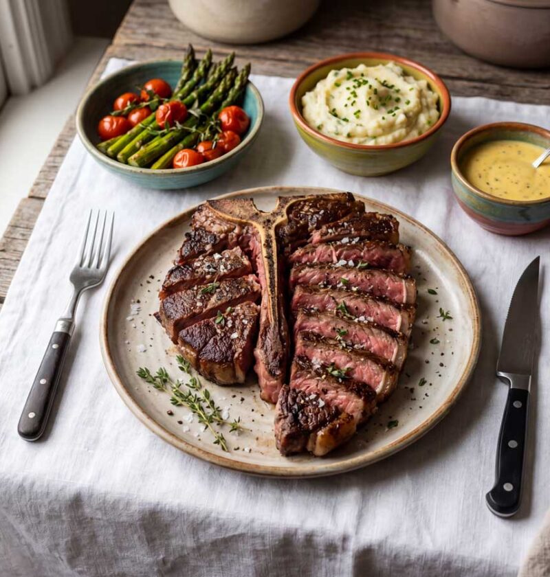 T-bone steak bakken in een gietijzeren koekenpan, zoals Wilhelmus Hengstmengel dat zou doen