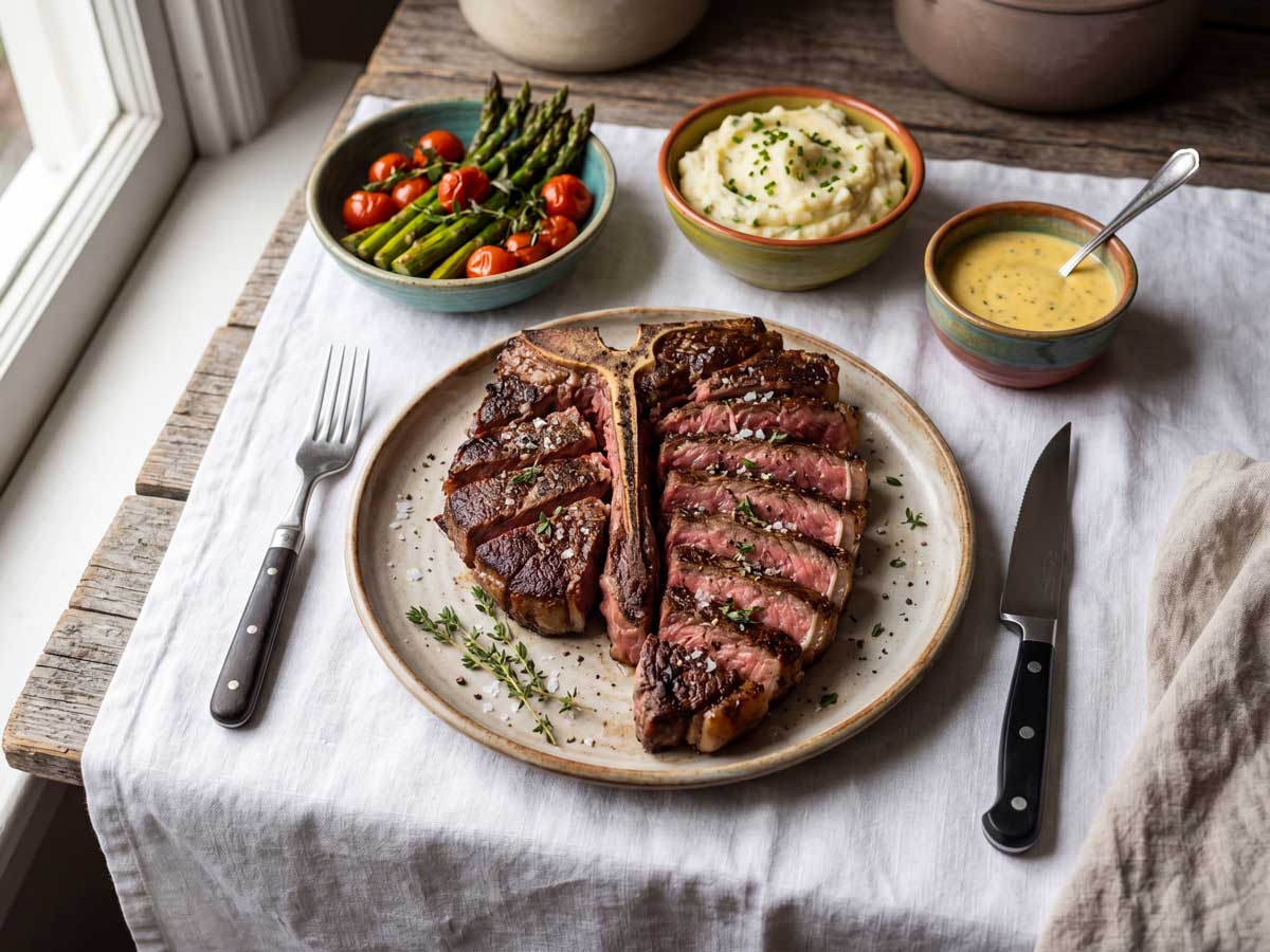 T-bone steak bakken in een gietijzeren koekenpan, zoals Wilhelmus Hengstmengel dat zou doen