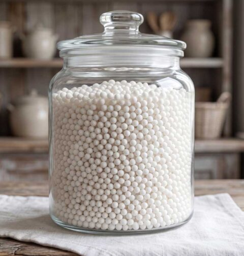 Tapioca parels koken in 1 liter water met zout, in de keuken van Wilhelmus Hengstmengel