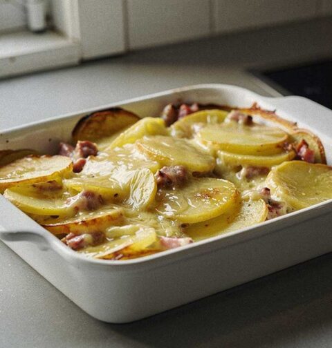 Een grote ovenschaal met daarin een perfect gebakken tartiflette.