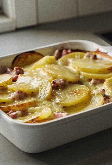 Een grote ovenschaal met daarin een perfect gebakken tartiflette.