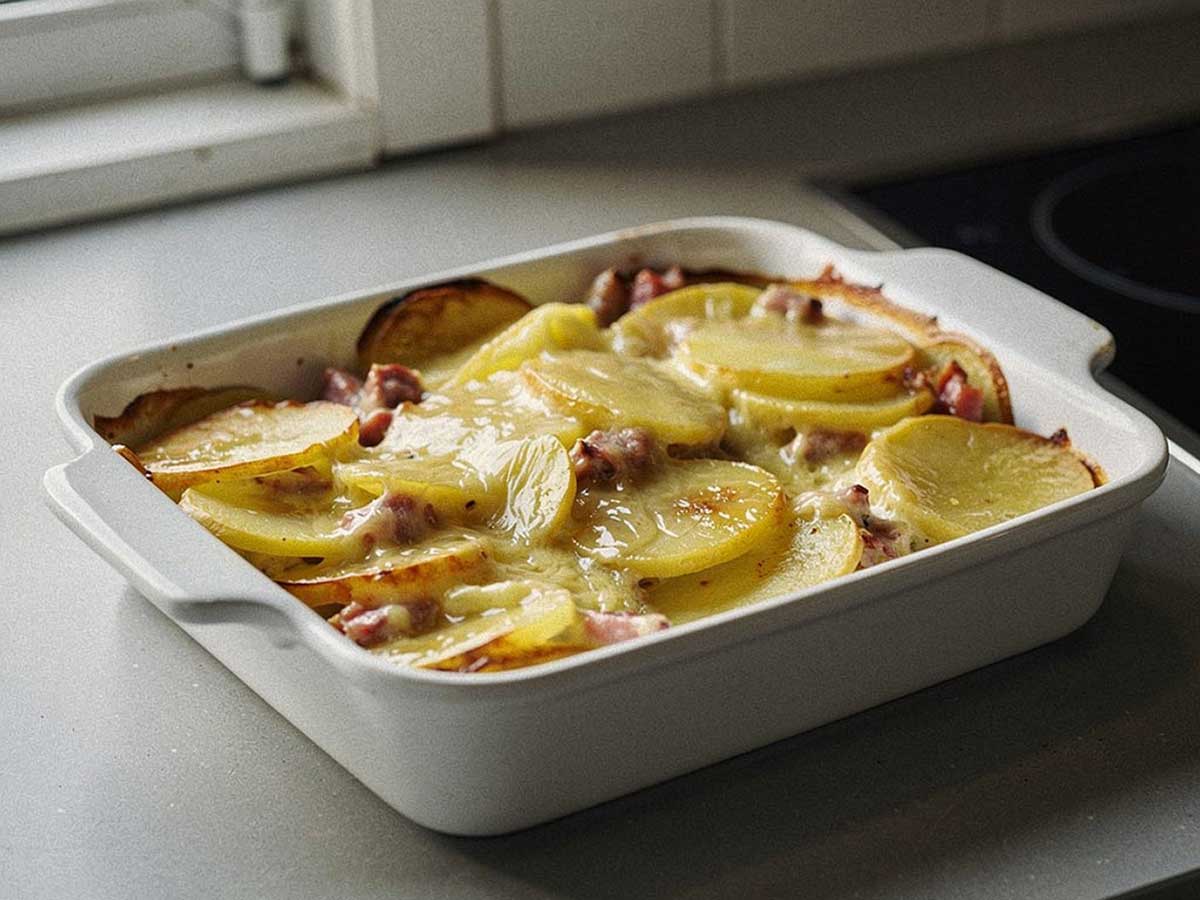 Een grote ovenschaal met daarin een perfect gebakken tartiflette.