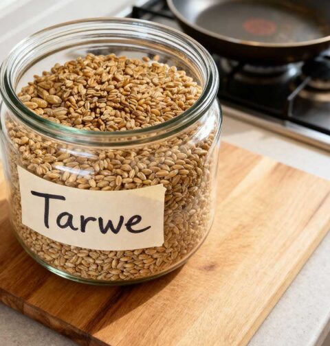 Een grote, open, voorraadbus vol met tarwe.