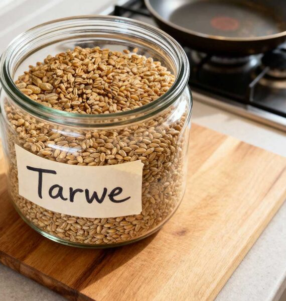 Een grote, open, voorraadbus vol met tarwe.