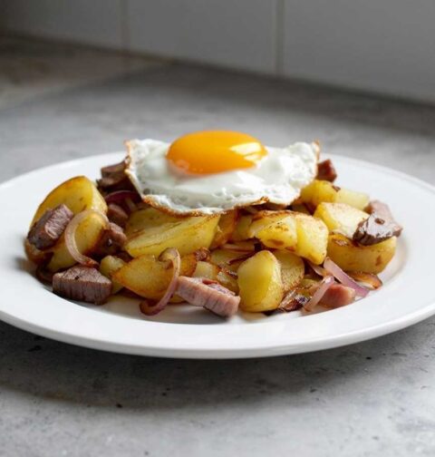 Een bordje met Tiroler Gröstl, inclusief spiegelei.