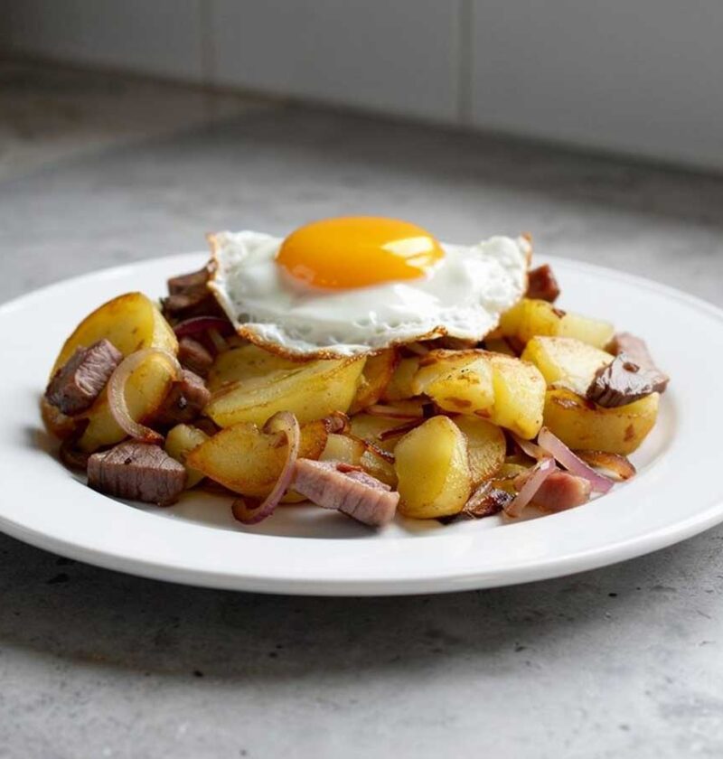 Een bordje met Tiroler Gröstl, inclusief spiegelei.