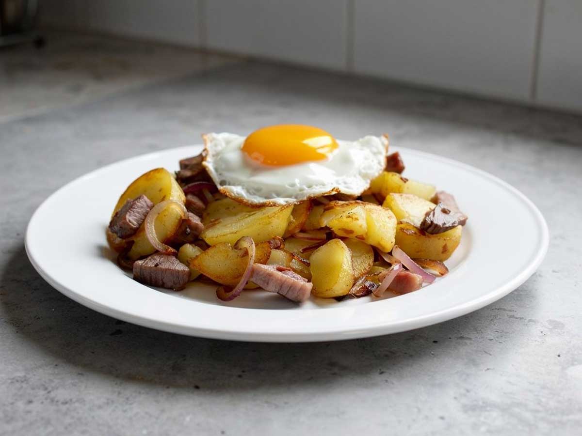 Een bordje met Tiroler Gröstl, inclusief spiegelei.