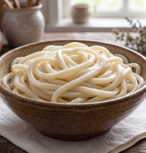Udon noedels koken in een gewone pan in de keuken van Wilhelmus Hengstmengel