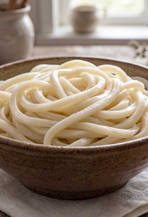 Udon noedels koken in een gewone pan in de keuken van Wilhelmus Hengstmengel