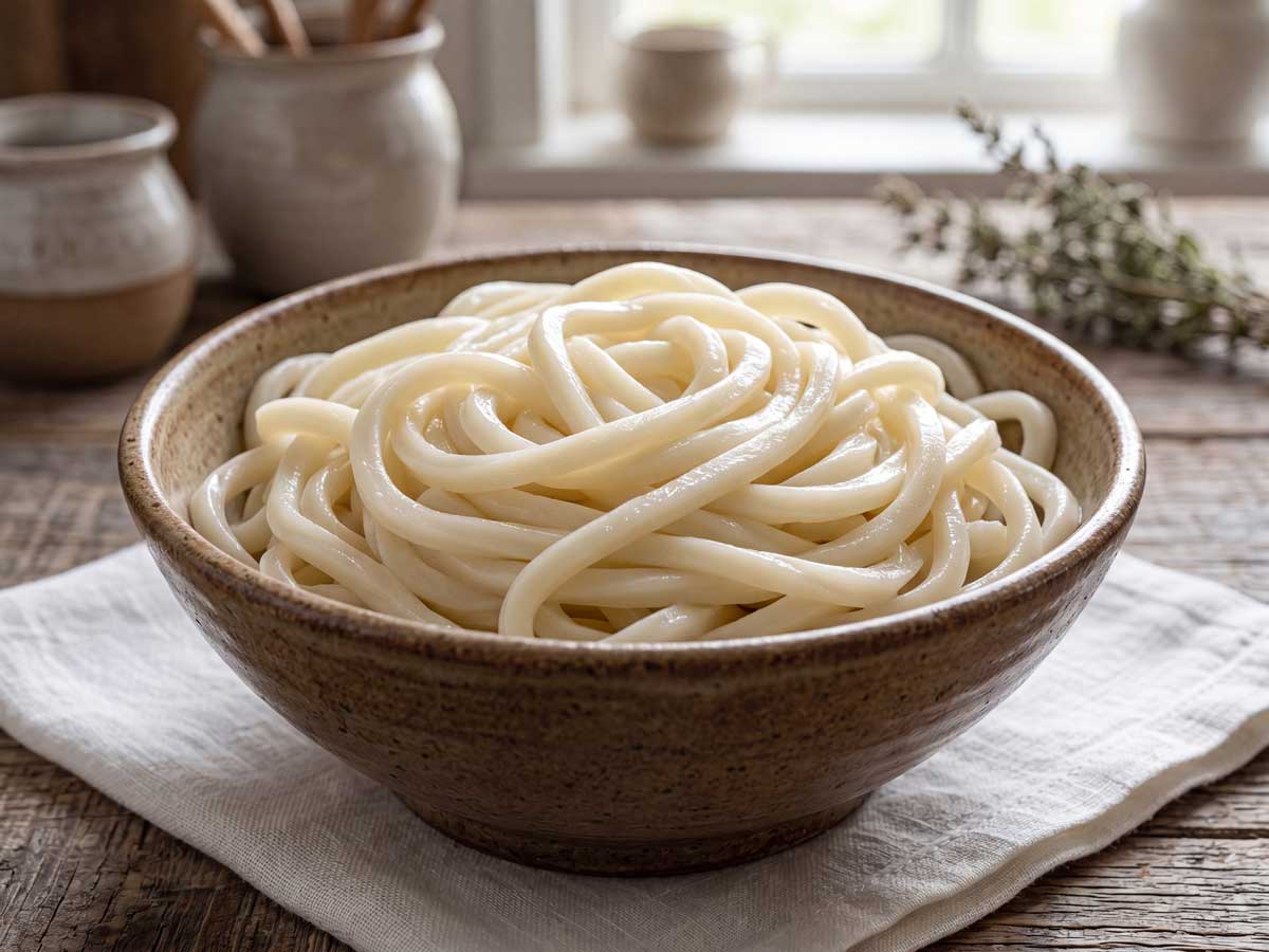 Udon noedels koken in een gewone pan in de keuken van Wilhelmus Hengstmengel