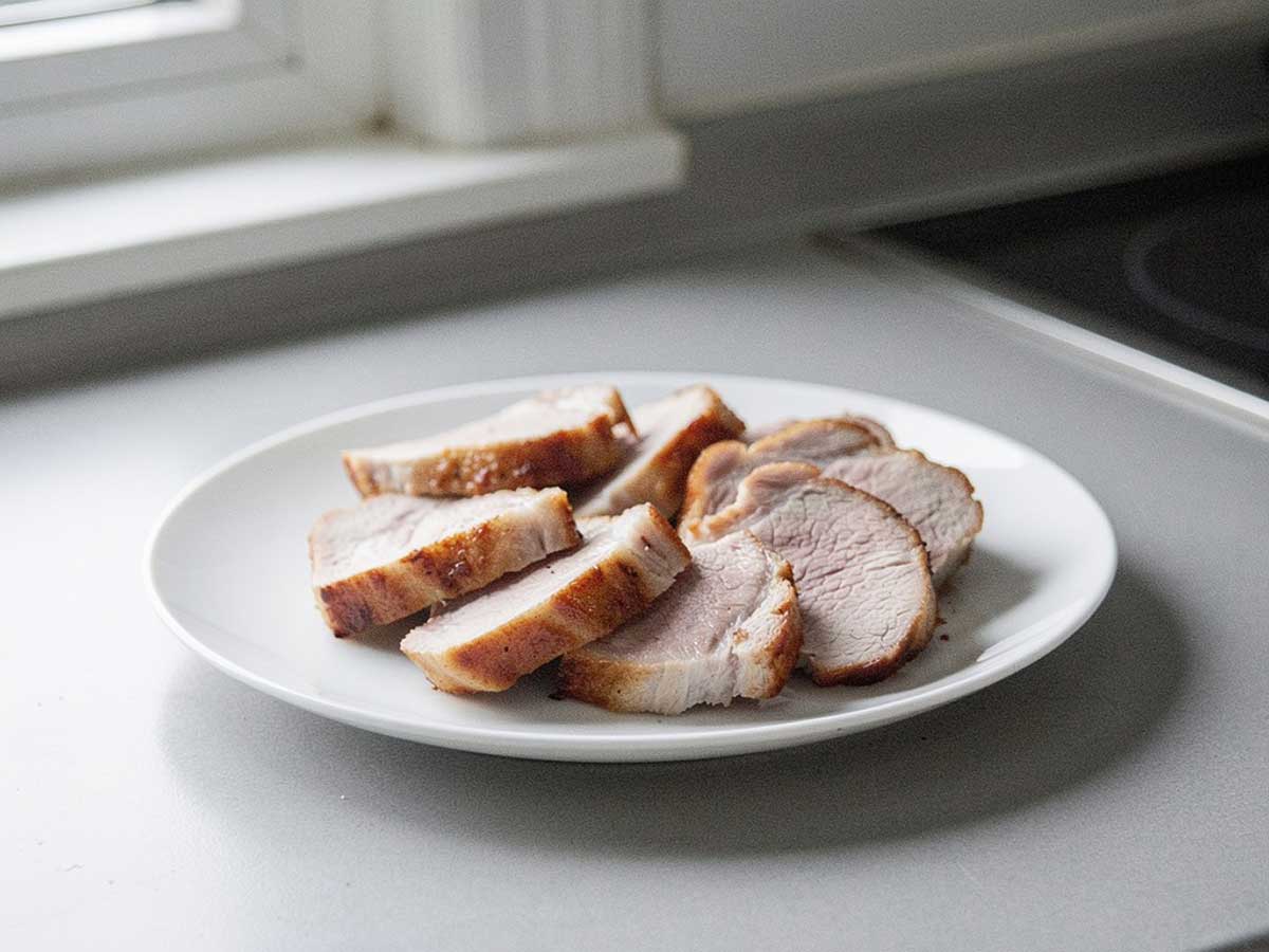 Plakken gebakken varkensfilet mooi neergelegd op een wit bordje.